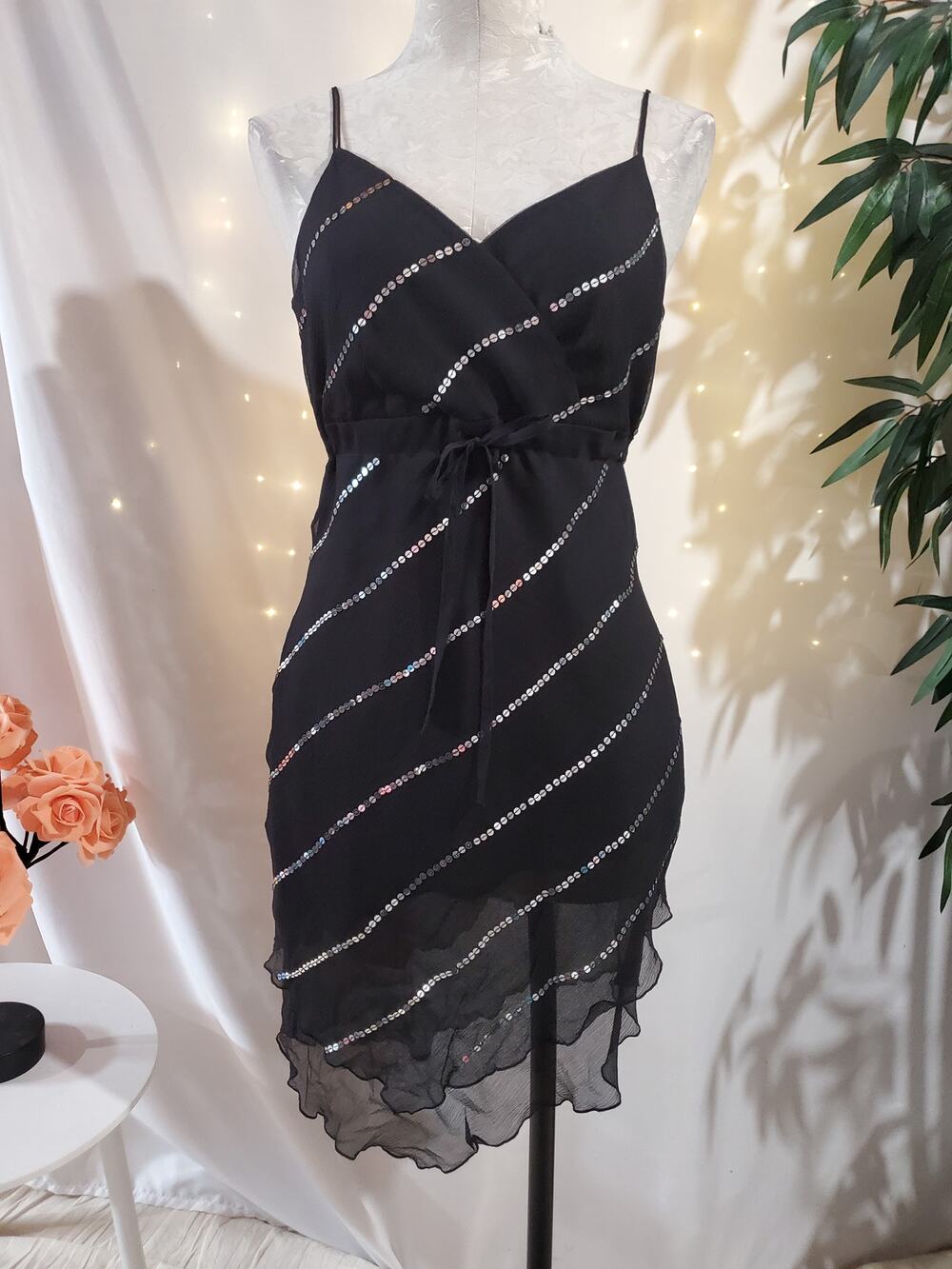 Dressbarn Vtg 90s Y2K Sequin Sheer Layered Tie Waist Dress Sz M Dark Fairy Goth